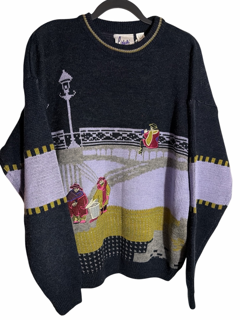 Vintage Coletti Studio embroidered night city pattern sweater Size L w flaw